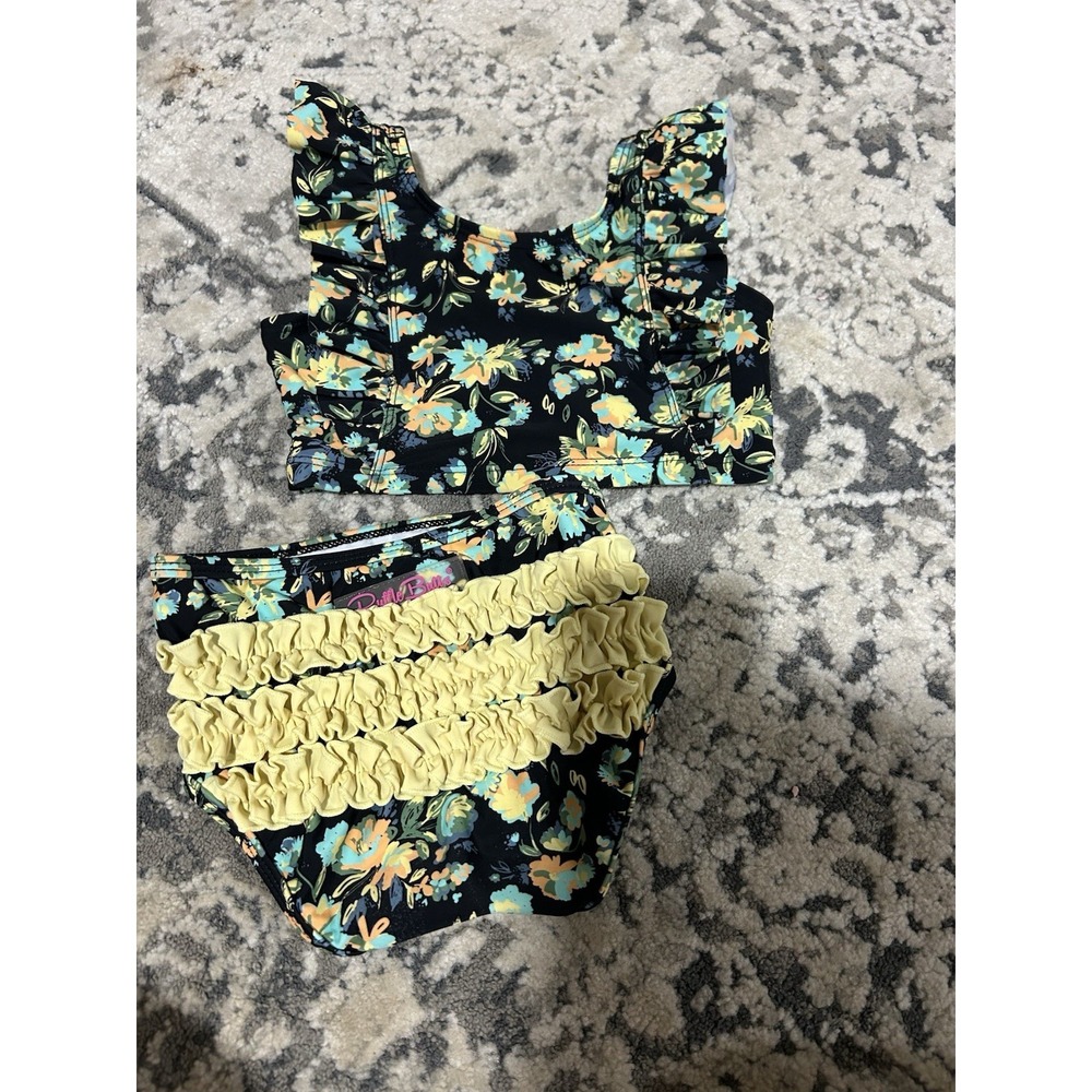 Ruffle Butts Girls Black Floral Two Piece Swim Suit Size 4t